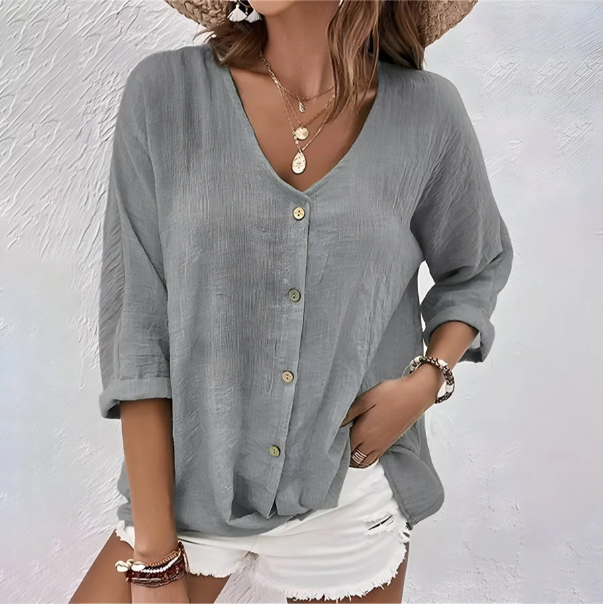 Women's Relaxed Button-Up Blouse with Roll Sleeves and V-Neckline | Koossa
