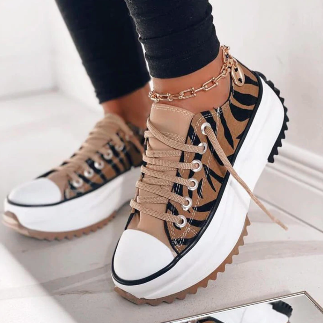 Platform Trainers with Ridged Sole in Brown, Black, White and Safari Beige | Chunky Lace-Up Sneakers for Women | Everyday Casual Footwear | Koossa