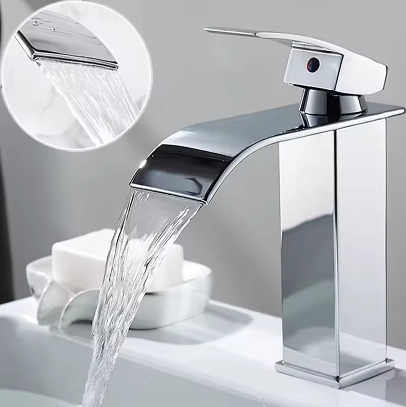 Waterfall Bathroom Faucet Single Handle Stainless Steel Deck Mount Sink Faucet with Wide Spout 7.5 or 9.8 Inch Chrome Black Gold | Lonoma