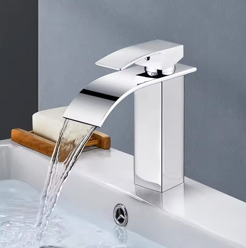 Waterfall Bathroom Faucet Single Handle Stainless Steel Deck Mount Sink Faucet with Wide Spout 7.5 or 9.8 Inch Chrome Black Gold | Lonoma