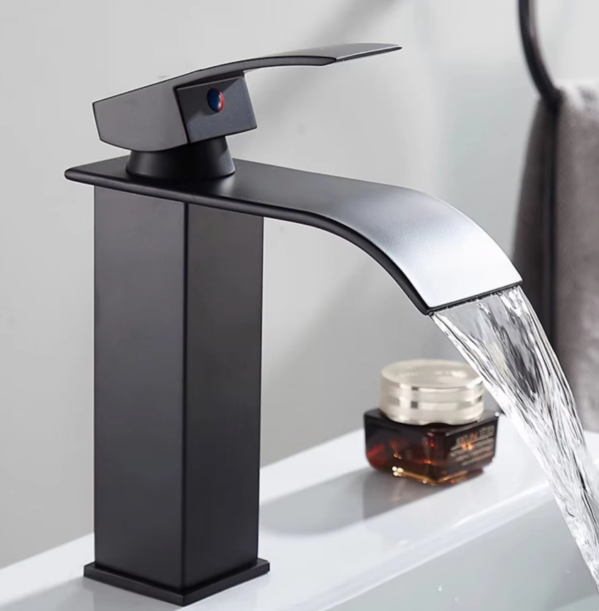 Waterfall Bathroom Faucet Single Handle Stainless Steel Deck Mount Sink Faucet with Wide Spout 7.5 or 9.8 Inch Chrome Black Gold | Lonoma