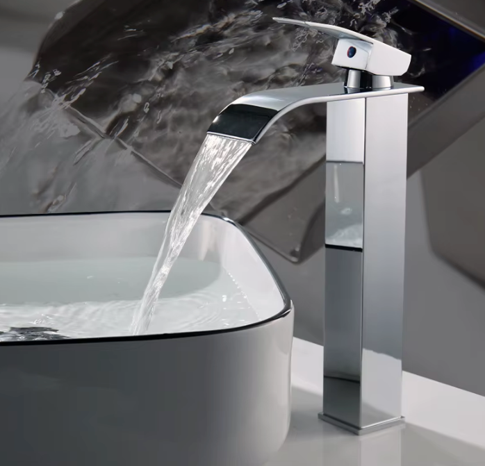 Waterfall Bathroom Faucet Single Handle Stainless Steel Deck Mount Sink Faucet with Wide Spout 7.5 or 9.8 Inch Chrome Black Gold | Lonoma