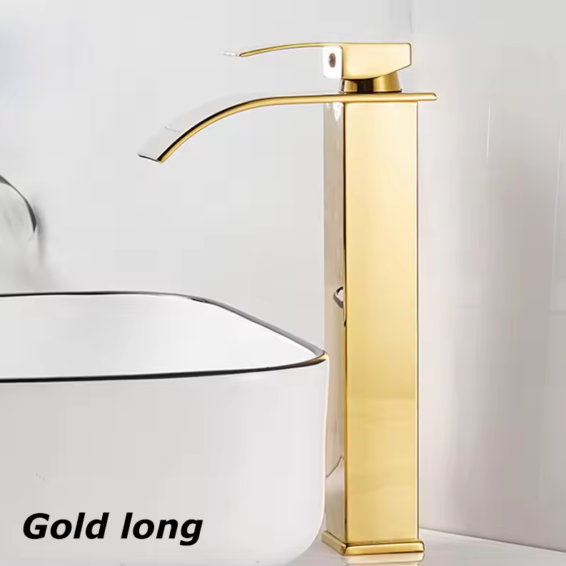 Waterfall Bathroom Faucet Single Handle Stainless Steel Deck Mount Sink Faucet with Wide Spout 7.5 or 9.8 Inch Chrome Black Gold | Lonoma