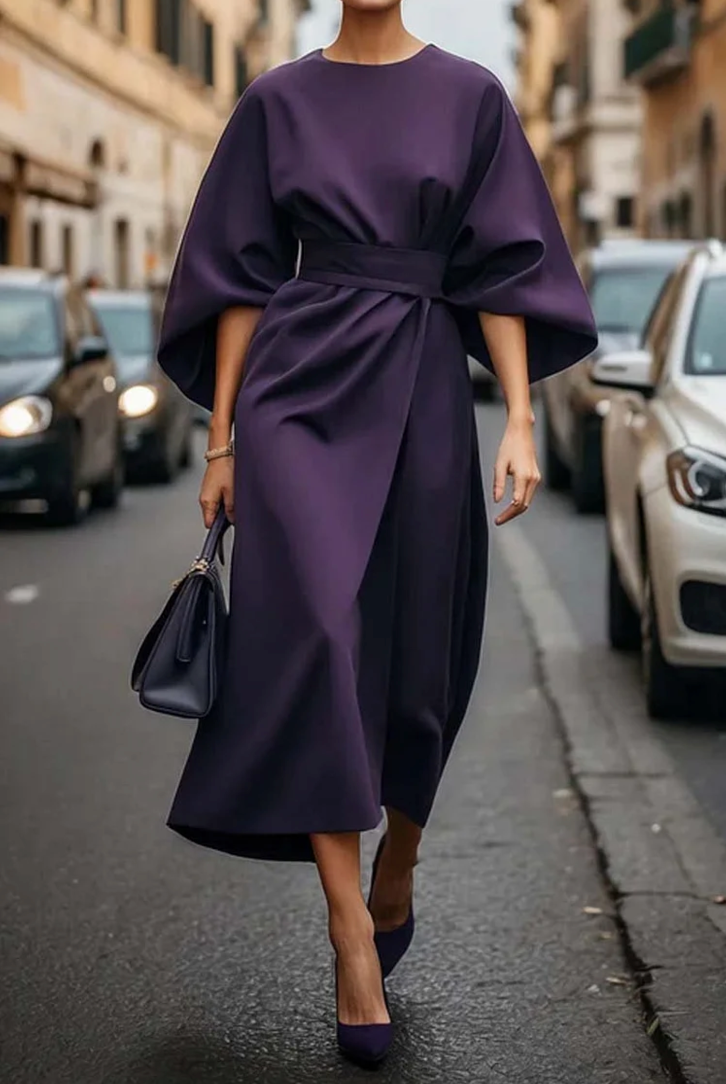Women's Belted Midi Dress with Gathered Sleeves in Navy Blue for Elegant Occasions | Koossa