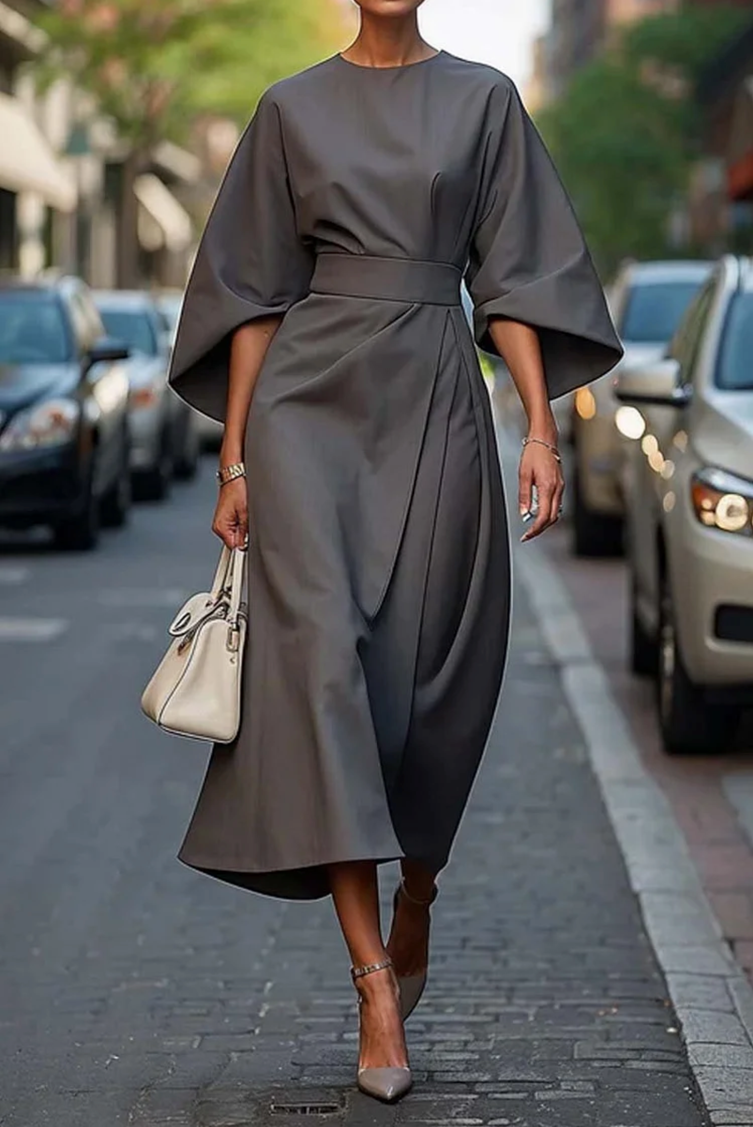 Women's Belted Midi Dress with Gathered Sleeves in Navy Blue for Elegant Occasions | Koossa