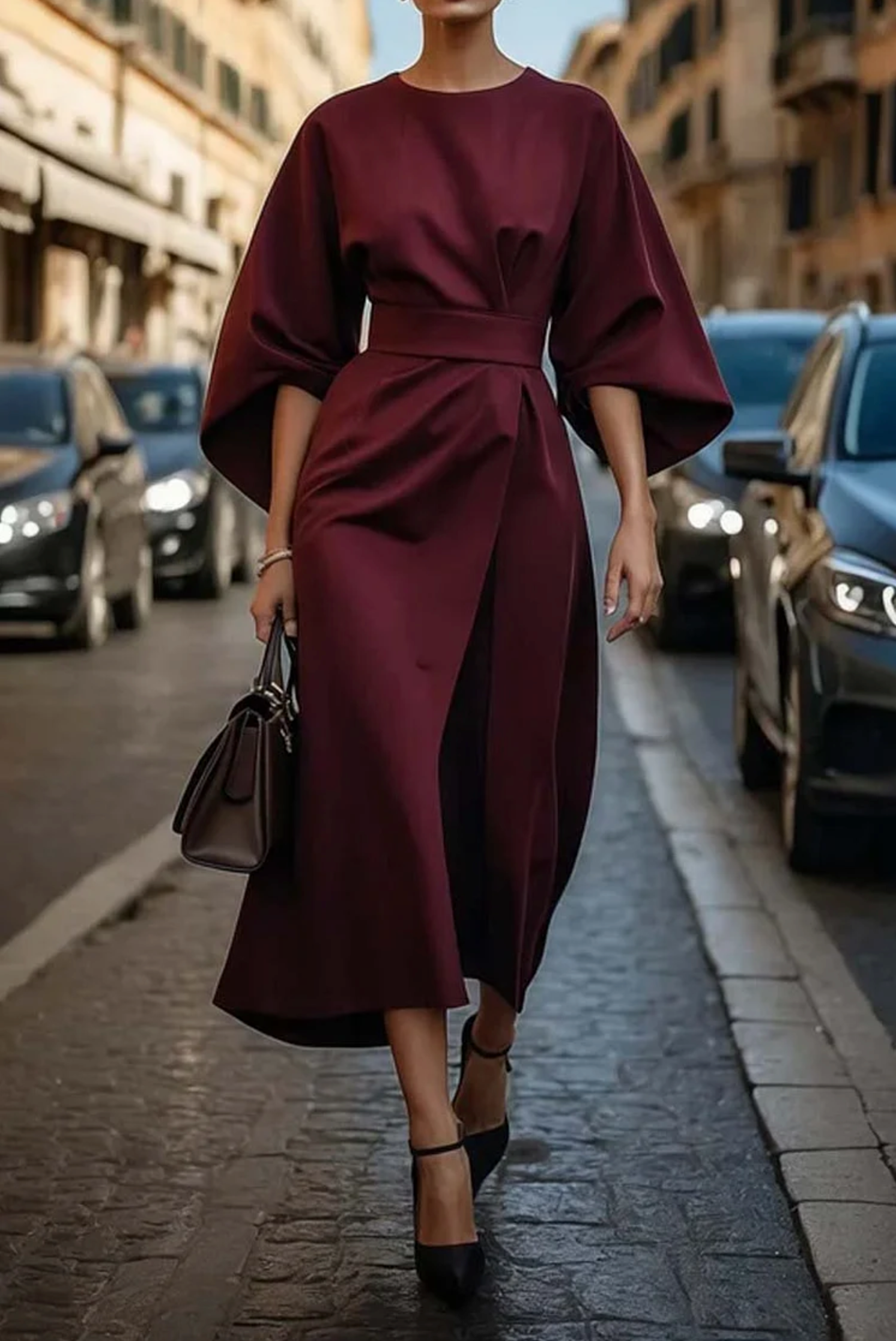 Women's Belted Midi Dress with Gathered Sleeves in Navy Blue for Elegant Occasions | Koossa