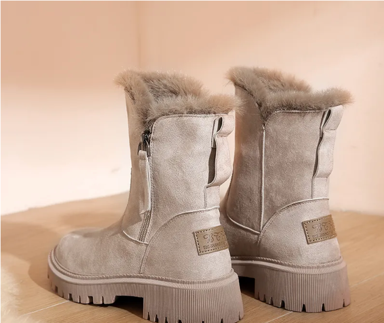 Warm-Lined Mid-Calf Boots in Black and Beige with Side Zip | Winter Footwear for Women | Chunky Sole Walking Boots | Cosy Seasonal Styling | Koossa