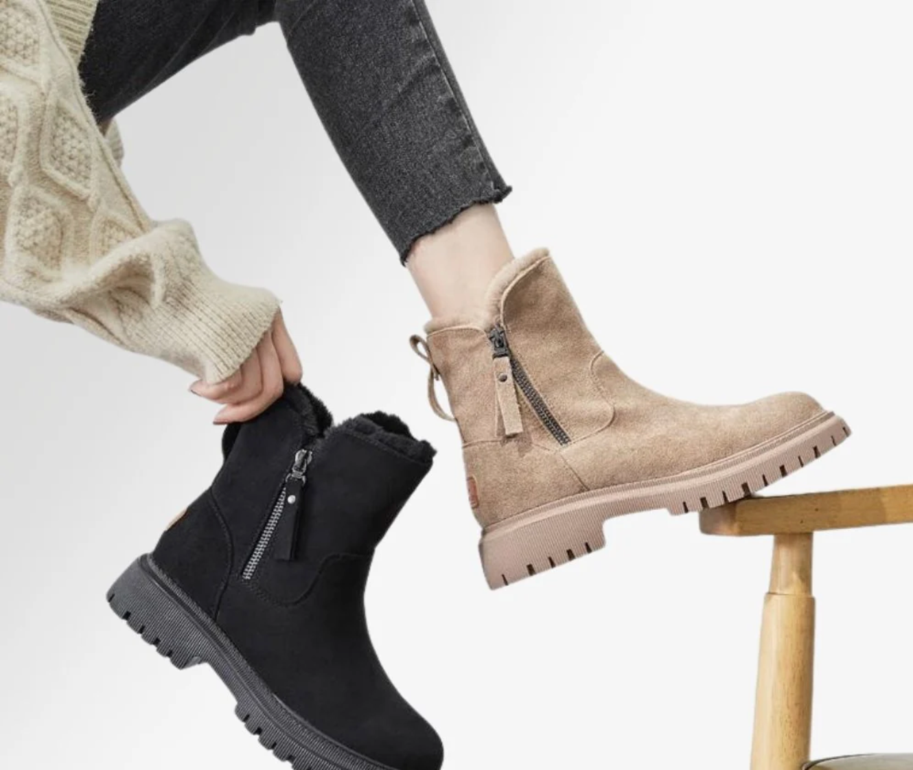 Warm-Lined Mid-Calf Boots in Black and Beige with Side Zip | Winter Footwear for Women | Chunky Sole Walking Boots | Cosy Seasonal Styling | Koossa