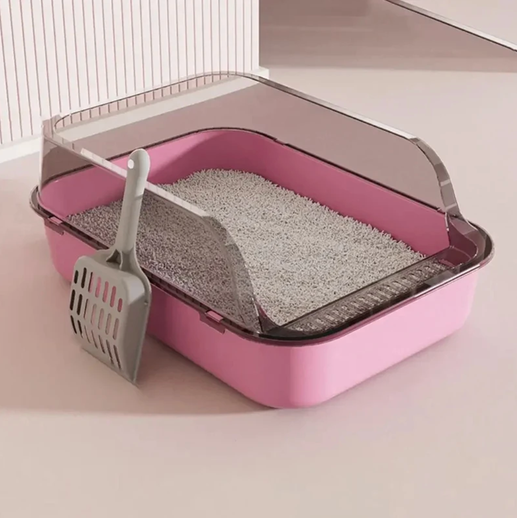 Cat Litter Tray Open Top Plastic 40x28x16cm with Scoop Blue Grey Pink Kitten Toilet Box Easy Clean | Koossa