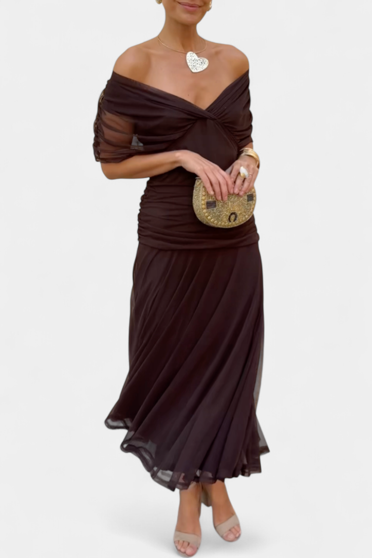 Women's Off-Shoulder Dress with Pleated Detail and Floral Print for Summer Weddings Garden Parties Evening Events | Koossa
