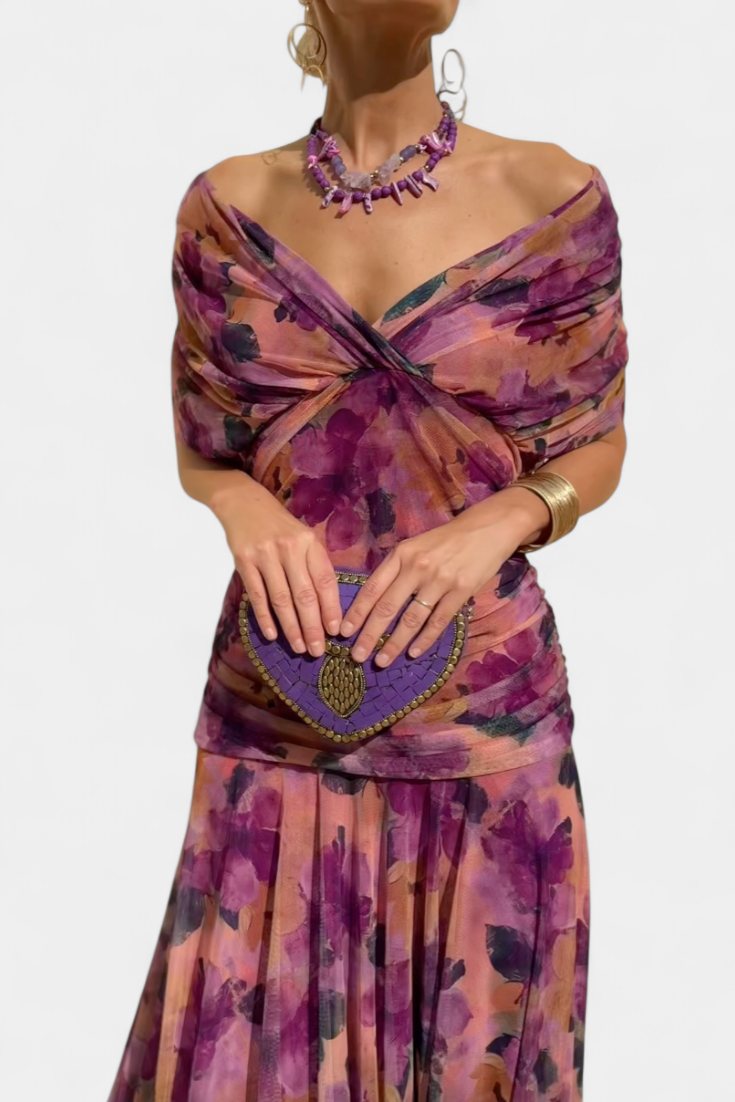 Women's Off-Shoulder Dress with Pleated Detail and Floral Print for Summer Weddings Garden Parties Evening Events | Koossa