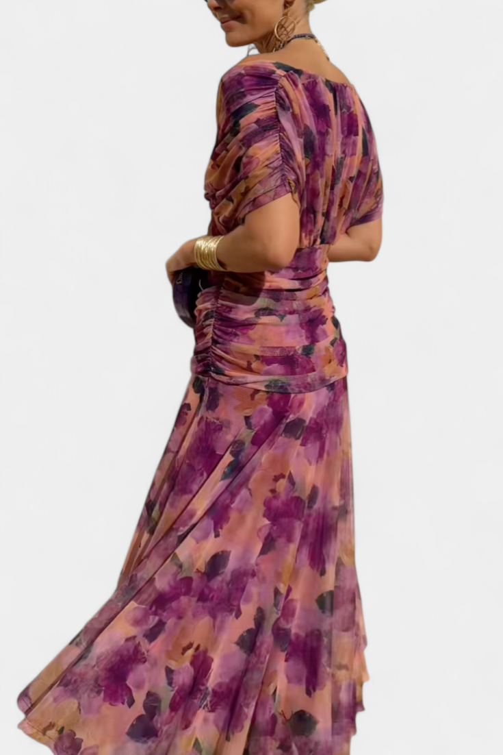 Women's Off-Shoulder Dress with Pleated Detail and Floral Print for Summer Weddings Garden Parties Evening Events | Koossa