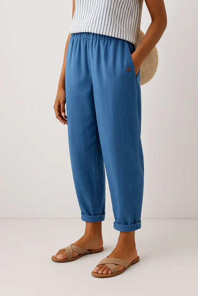 Women's Lightweight Cotton Trousers with Elastic Waist in Beige, White, Blue, Olive, Grey & Black – Relaxed Straight Leg for Effortless Summer Everyday Style | Koossa