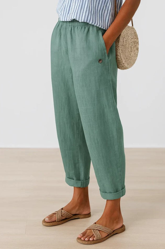 Women's Lightweight Cotton Trousers with Elastic Waist in Beige, White, Blue, Olive, Grey & Black – Relaxed Straight Leg for Effortless Summer Everyday Style | Koossa