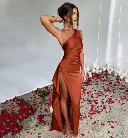 One-Shoulder Evening Maxi Dress with High Slit in Red, Dark Brown, Dark Blue, and Beige for Weddings and Black-Tie Occasions | Koossa