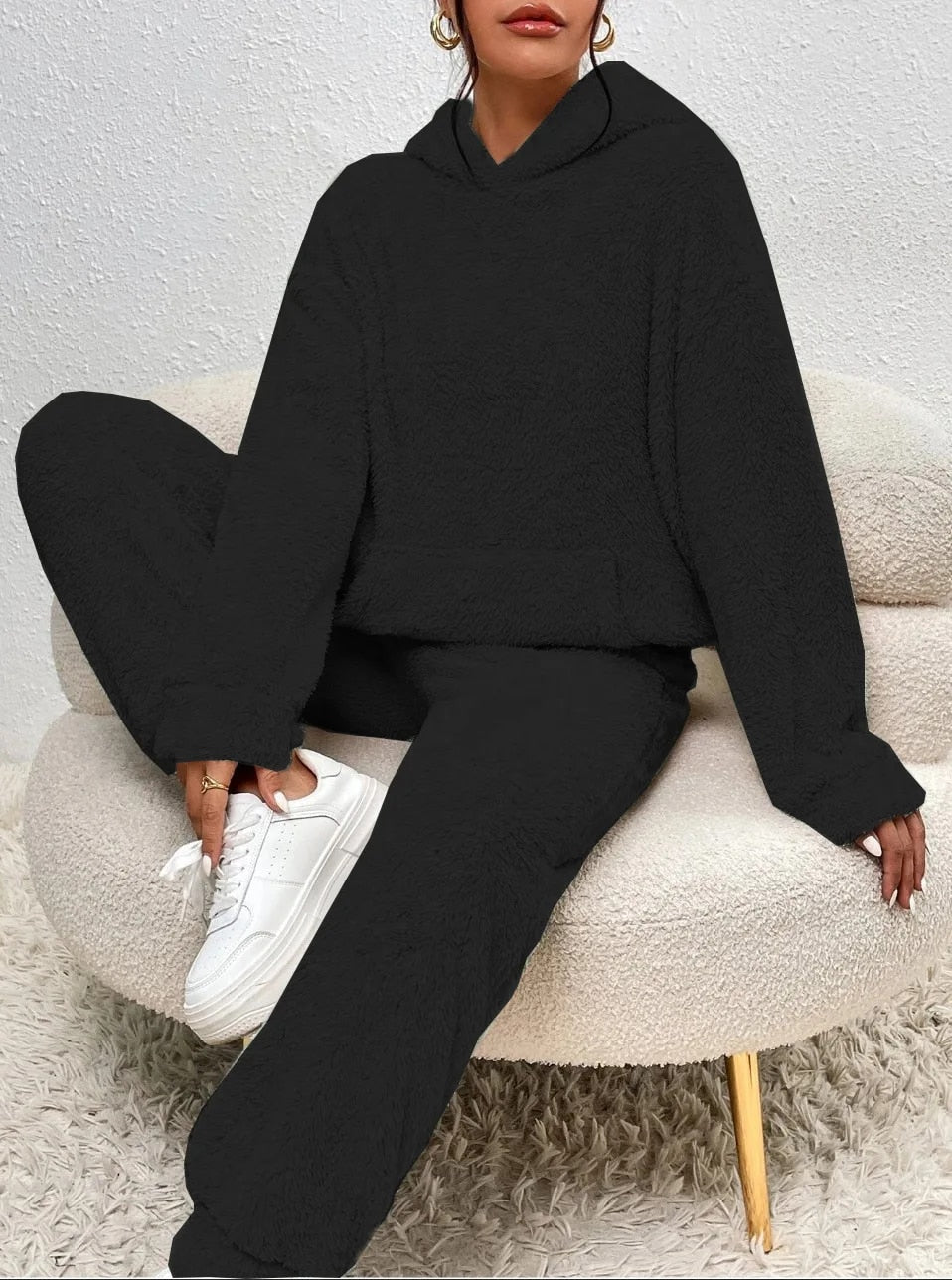 Hooded Fleece Lounge Set Women's Two-Piece Teddy Sweatsuit with Kangaroo Pocket for Winter Cozy Homewear Soft Plush Tracksuit | Lonoma