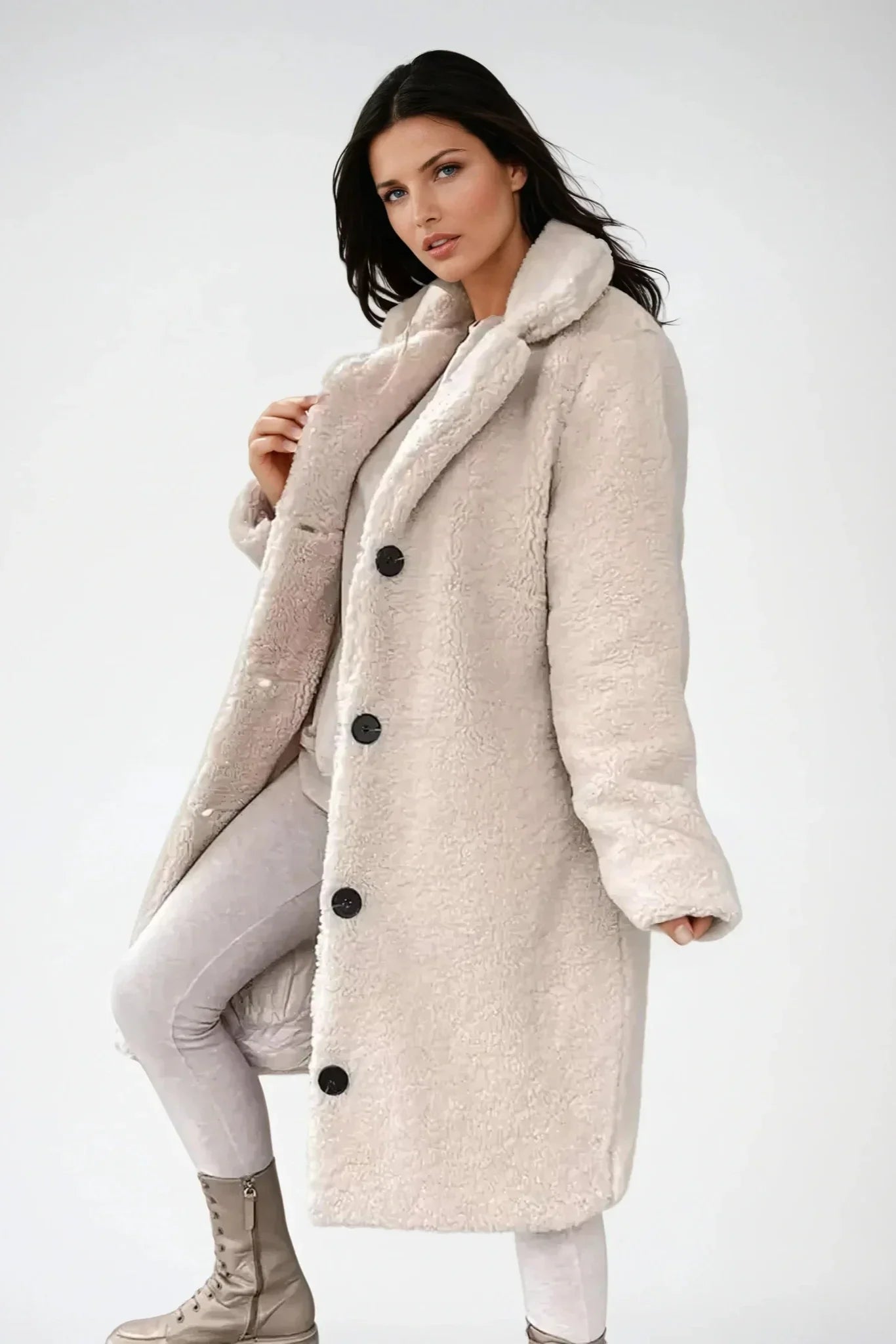 Longline Faux Fur Coat in Soft Teddy Texture with Notched Collar for Elegant Winter Layering | Koossa