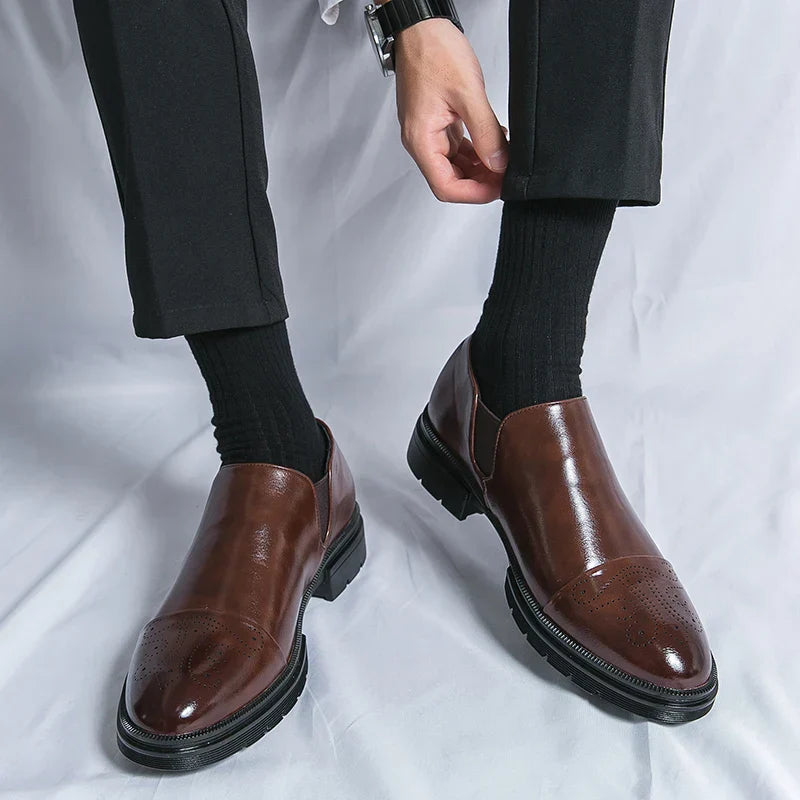Men's Leather Slip-On Brogues with Cap Toe Detail in Black and Brown | Classic Formal Footwear for Business and Evening Occasions | Elegant Dress Shoes with Elastic Gusset | Koossa