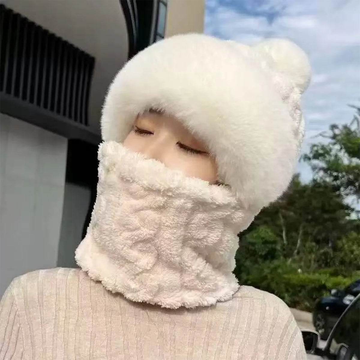 Fleece-Lined Hooded Winter Balaclava with Pom Pom for Women & Men – Full Neck Coverage Cold Weather Hat for Cycling & Outdoor Activities | Lonoma