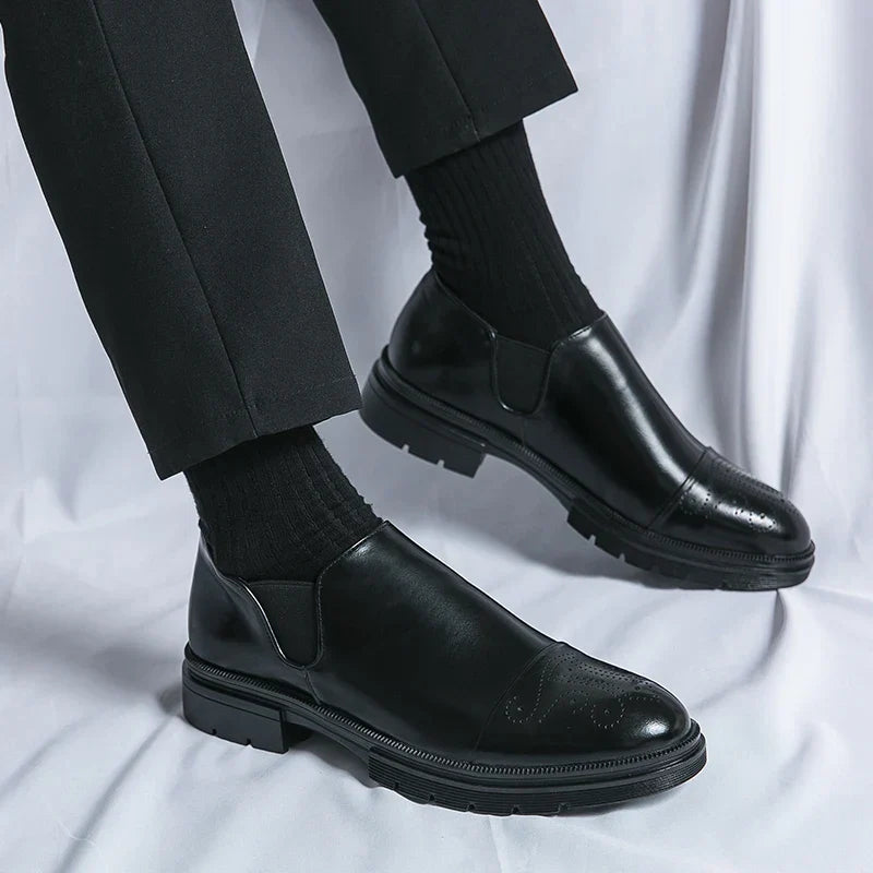 Men's Leather Slip-On Brogues with Cap Toe Detail in Black and Brown | Classic Formal Footwear for Business and Evening Occasions | Elegant Dress Shoes with Elastic Gusset | Koossa