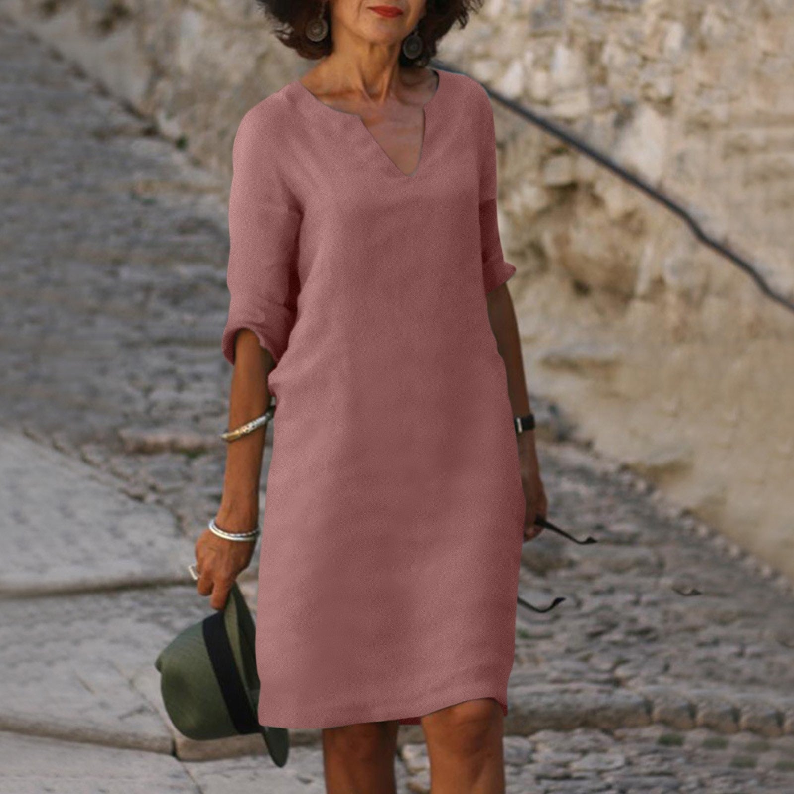 Women's V-Neck Midi Summer Dress — Elegant Everyday Dress with Short Sleeves for Warm Weather & Casual Occasions | Koossa