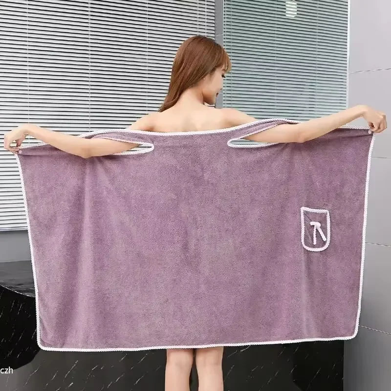 Wearable Bath Towel Wrap for Women Quick-Dry Spa Robe Shower Cover-Up Pool Beach Terry Cloth Snap Button Off-Shoulder 31 × 53 in | Lonoma
