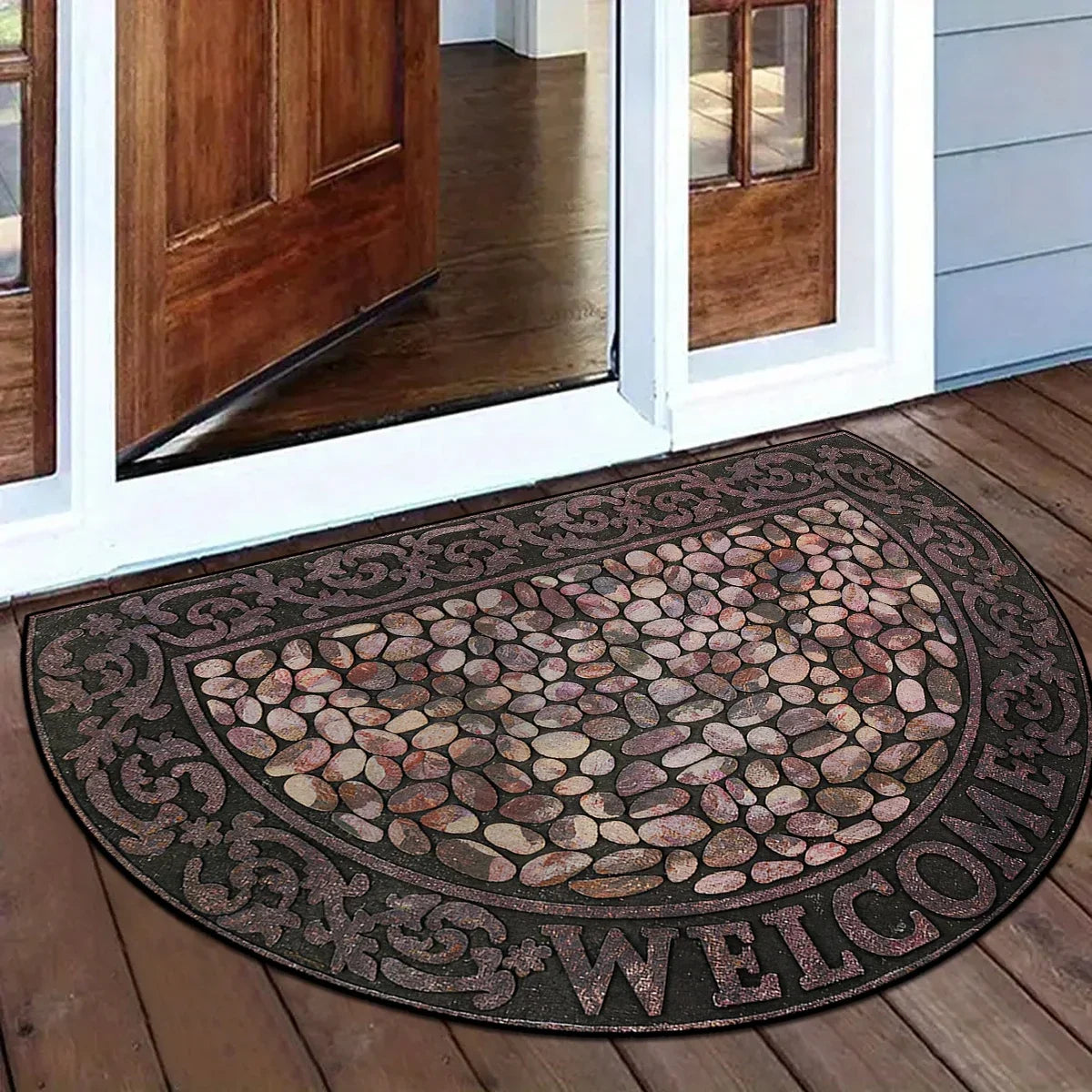 Half-Moon Non-Slip Doormat Geometric Mosaic Print for Entry Patio | Vintage Floral Patchwork Design Indoor Outdoor Mat | Lonoma
