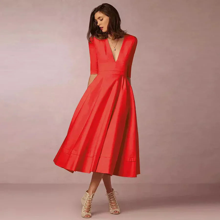 Women's V-Neck Midi Dress with Three-Quarter Sleeves — Elegant Occasion Dress for Events & Dinners | Koossa