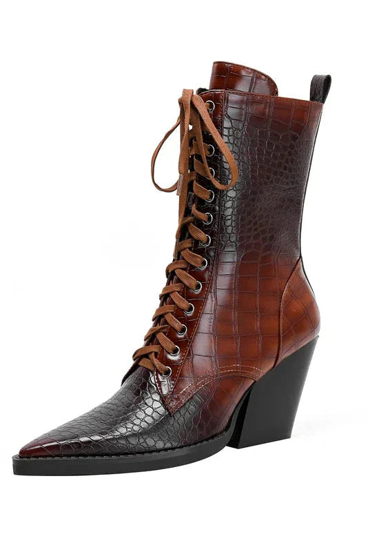 Croc-Effect Pointed Block Heel Lace-Up Ankle Boots in Brown and Black | Koossa