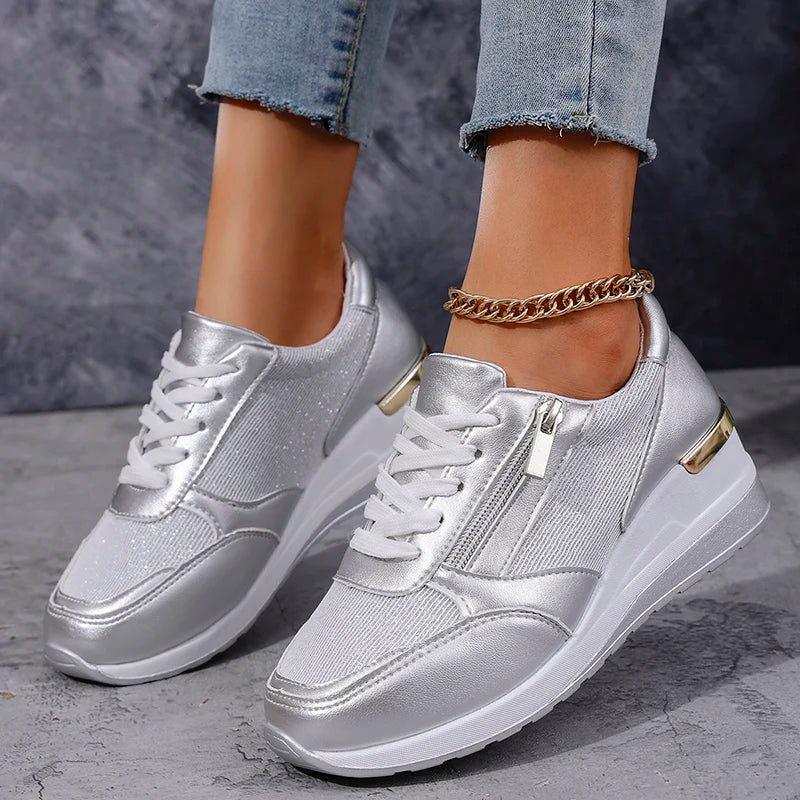 Women's Wedge Trainers with Side Zip in Metallic Finish for Smart Casual Wear | Koossa
