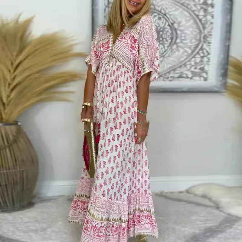 Women's Tassel-Trim Maxi Dress in Pink — Lightweight Summer Dress Flowing Occasion Wear | Koossa