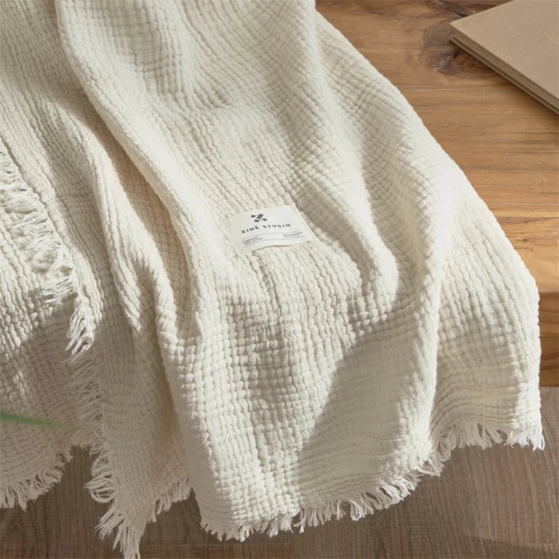 Layered Cotton Gauze Throw with Tassels Breathable Lightweight Blanket for Couch Sofa Bed All Season 100% Natural | Lonoma