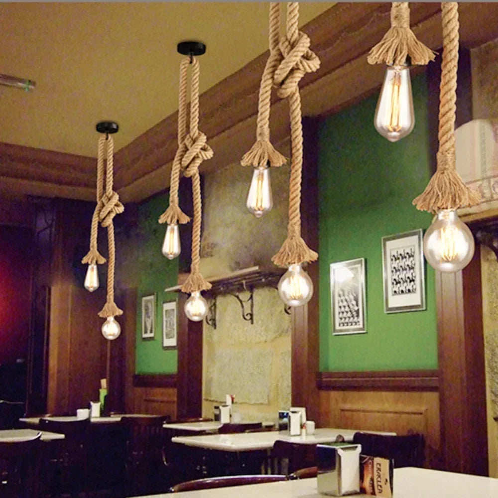 Rope Pendant Light with E27 Socket, Adjustable Cord, Farmhouse Hanging Lamp for Kitchen Island, Dining Room, Bedroom, Edison Bulb Ready | Lonoma