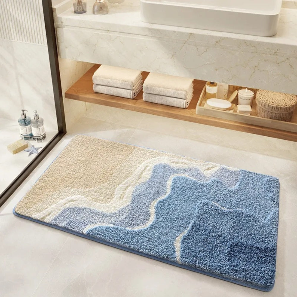 Microfiber Bath Mat with Non-Slip Backing, Quick-Dry Absorbent Bathroom Rug for Shower, Tub & Sink, Soft Blue & Beige Floor Mat | Lonoma