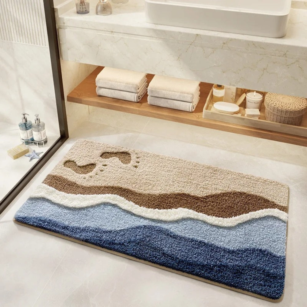 Microfiber Bath Mat with Non-Slip Backing, Quick-Dry Absorbent Bathroom Rug for Shower, Tub & Sink, Soft Blue & Beige Floor Mat | Lonoma