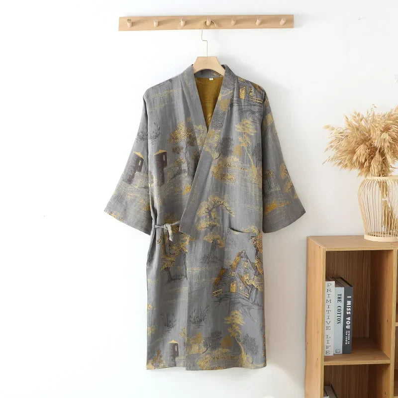 Men's Cotton Kimono Robe Blue Green Printed Long Lightweight Bathrobe V-Neck Spa Wrap for Spring Summer Fall Loungewear Sleepwear | Lonoma