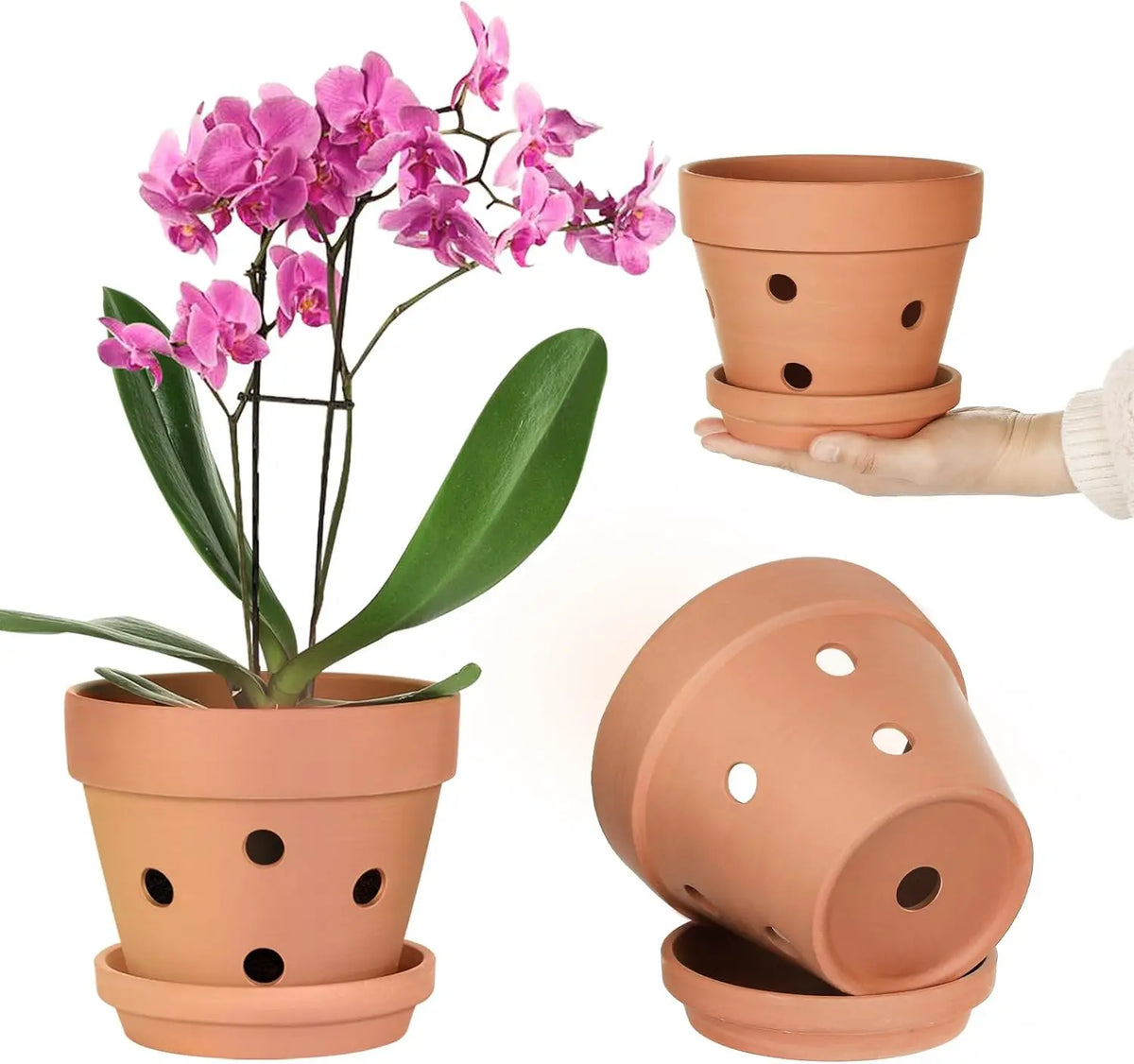 4-Inch Terra Cotta Orchid Pots with Drainage Holes and Saucers, Set of 6 Clay Plant Pots for Indoor Outdoor Orchids, Succulents, Small Plants | Lonoma