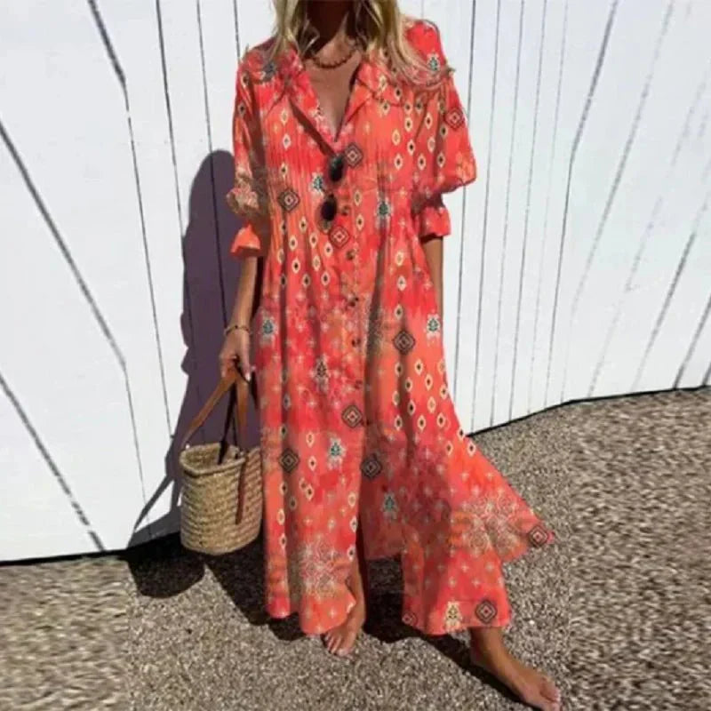 Women's Tiered Bohemian Cotton Dress with V-Neckline in Multicolour, Pink, Red, Light Blue and White – Relaxed Summer Day Dress for Warm Weather and Coastal Holidays | Koossa
