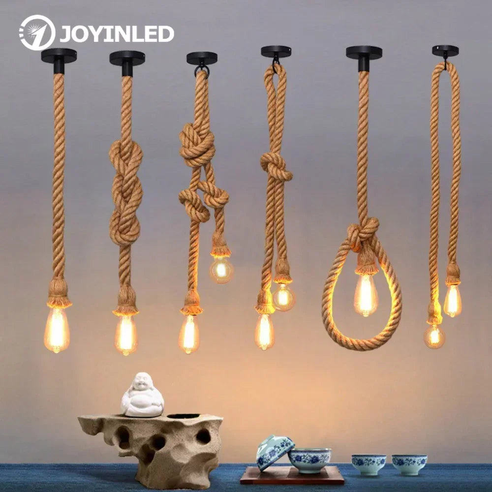 Rope Pendant Light with E27 Socket, Adjustable Cord, Farmhouse Hanging Lamp for Kitchen Island, Dining Room, Bedroom, Edison Bulb Ready | Lonoma