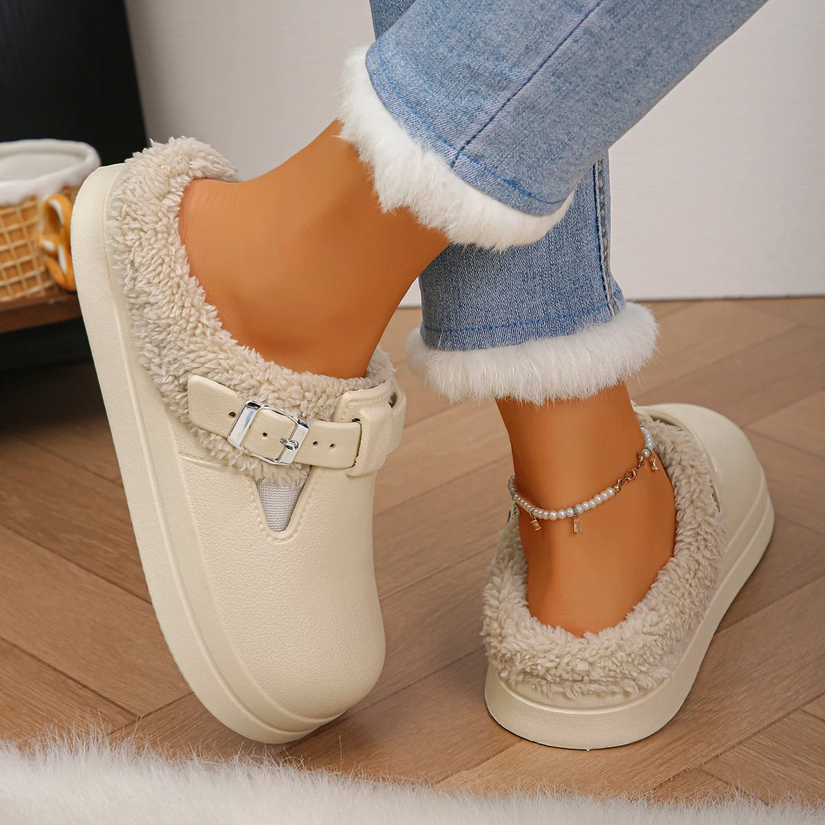 Women's Faux Fur Lined Slippers Cozy Plush Memory Foam House Shoes with Metal Buckle Thick Sole Non-Slip Indoor Mules for Cold Weather | Lonoma