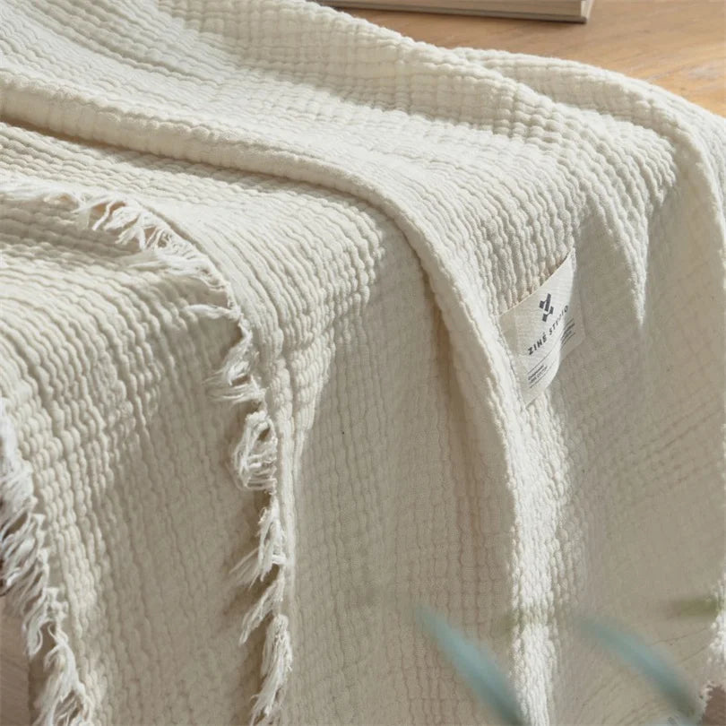 Layered Cotton Gauze Throw with Tassels Breathable Lightweight Blanket for Couch Sofa Bed All Season 100% Natural | Lonoma