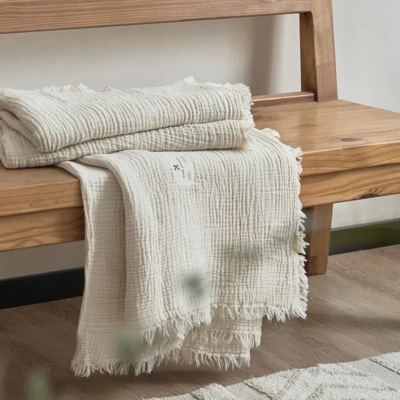 Cotton Gauze Throw Blanket with Tassels 4-Layer Breathable Lightweight for Couch Bed Sofa Decorative All-Season Use | Lonoma