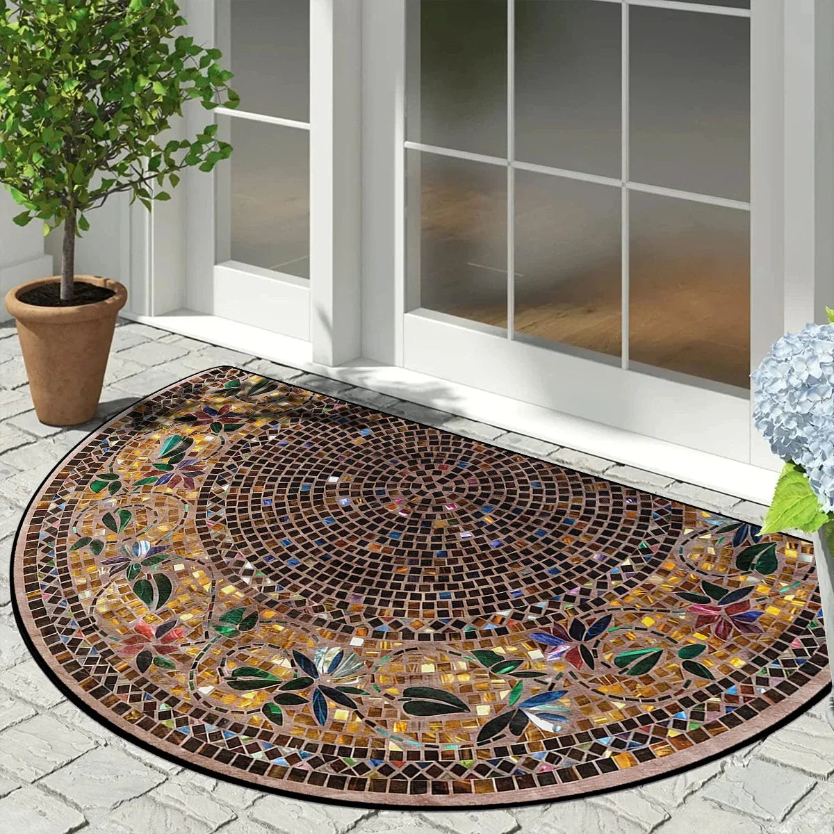 Half-Moon Non-Slip Doormat Geometric Mosaic Print for Entry Patio | Vintage Floral Patchwork Design Indoor Outdoor Mat | Lonoma