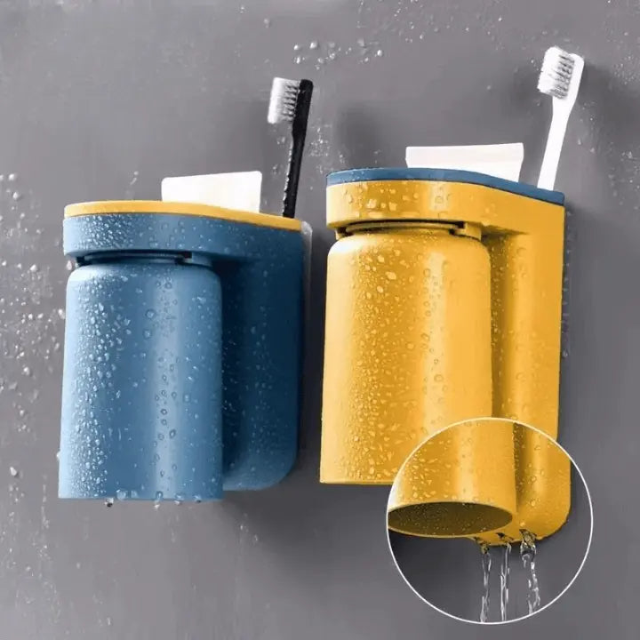 Wall-Mounted Toothbrush Holder with Cup, Adhesive Drill-Free Bathroom Organizer, Toothpaste Caddy for Sink, Mirror & Tile | Lonoma