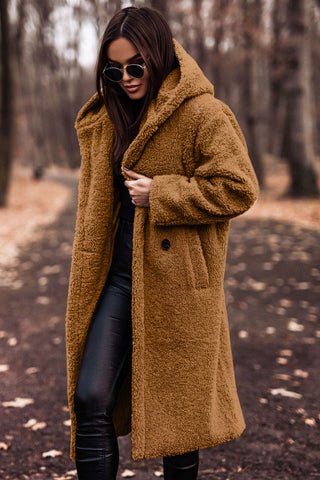 Women's Hooded Teddy Coat — Long Relaxed-Fit Winter Coat with Wide Lapels & Single-Button Front | Koossa