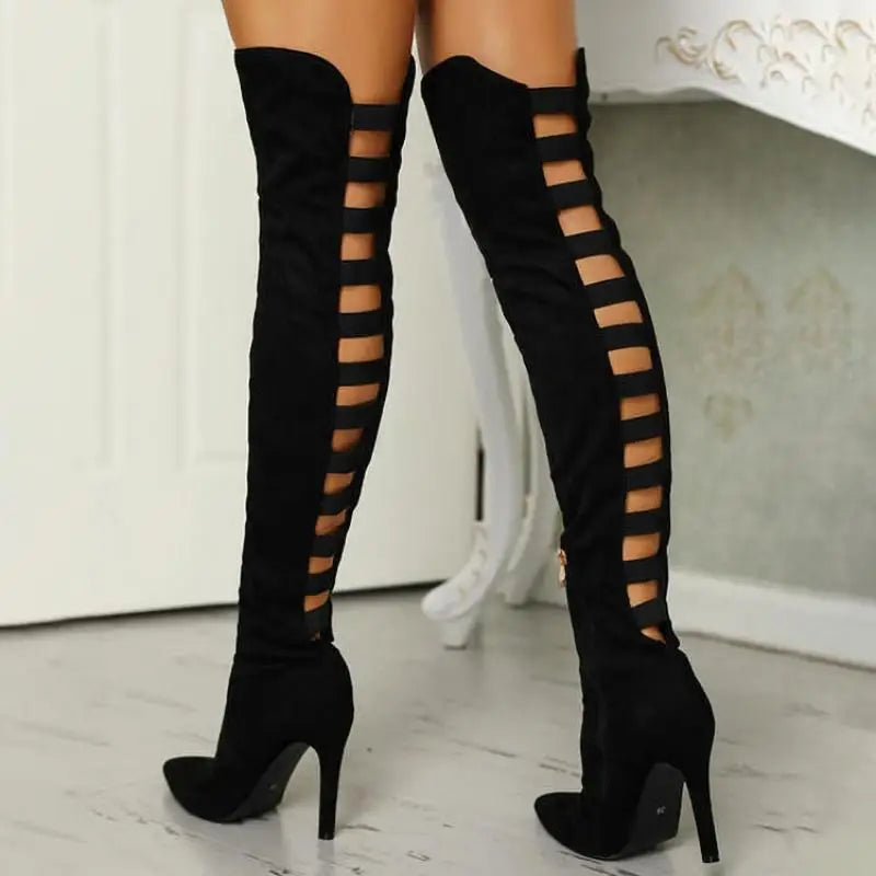 Women's Thigh-High Open-Toe Boots in Premium Suede | Statement Footwear for Sophisticated Evenings and Fashion-Forward Styling | Koossa