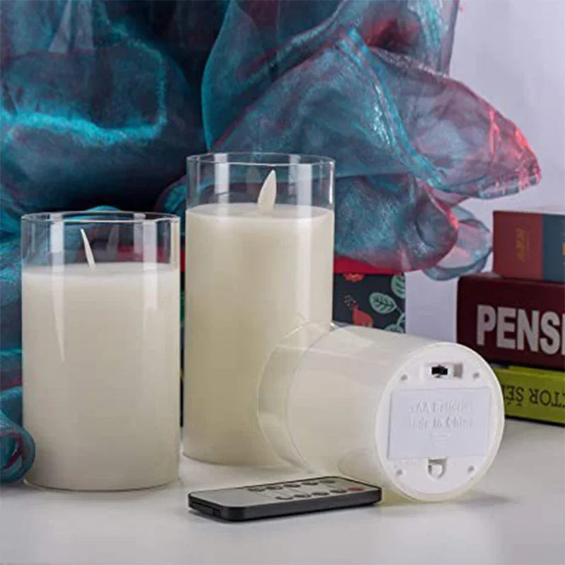 Flameless LED Pillar Candles Set of 3, Battery Operated Flickering Candles with Timer, Amber Smoke Clear for Dining Table & Mantel Decor | Lonoma
