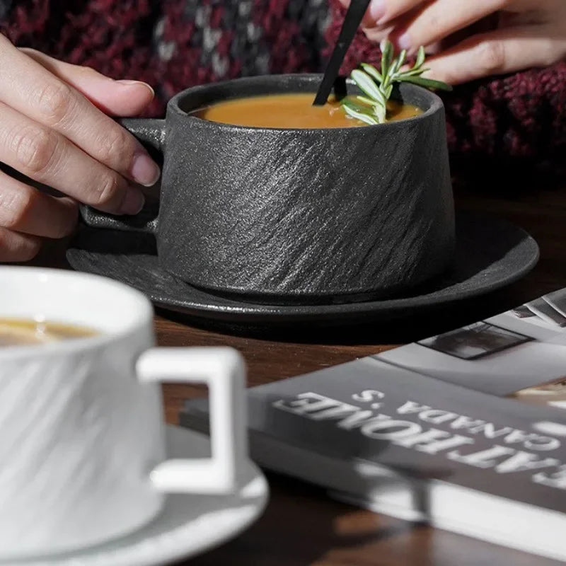 Stoneware Cup and Saucer Set, Black or White Glazed Ceramic Coffee and Tea Cup with Plate, Minimalist Drinkware for Kitchen and Dining | Lonoma