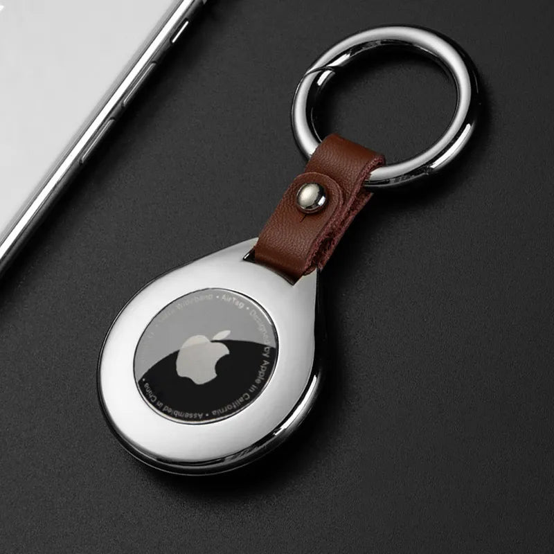 Genuine Leather Tracker Holder with Metal Keychain Ring, Black or Silver, Protective Case for Keys, Bags, Luggage & Pet Collars | Lonoma