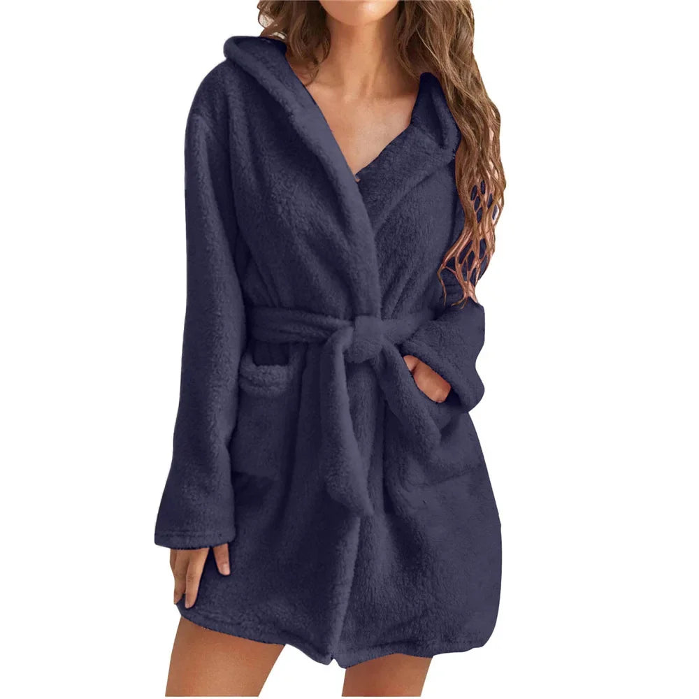 Women's Hooded Bathrobe with Belt Cotton Terry Cloth Robe Long Sleeve Spa Lounge Wear Absorbent Towel Robe for Shower | Lonoma
